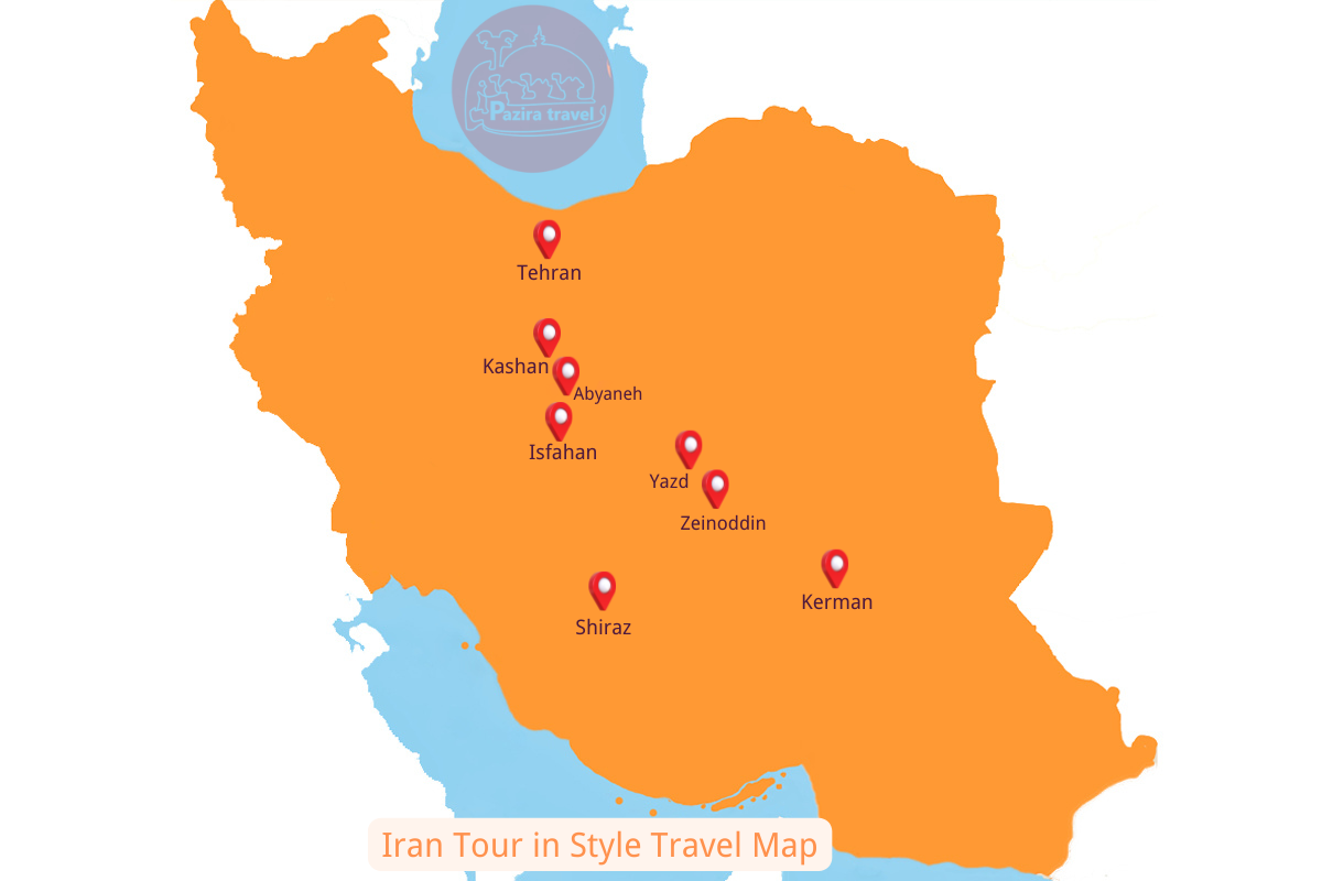 Explore Iran tour in style trip route on the map!