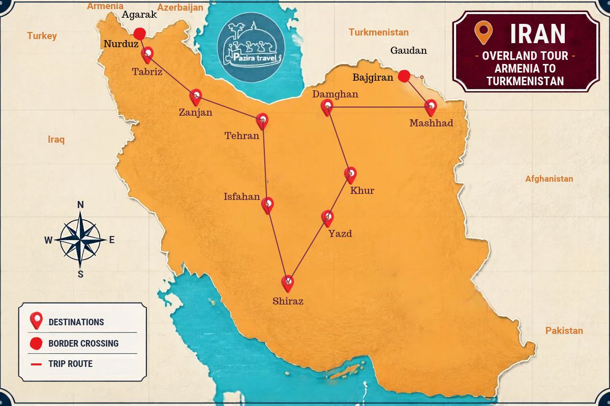 Map of Armenia to Iran, then onto Turkmenistan: A Border-to-Border Tour (16 days in Iran)