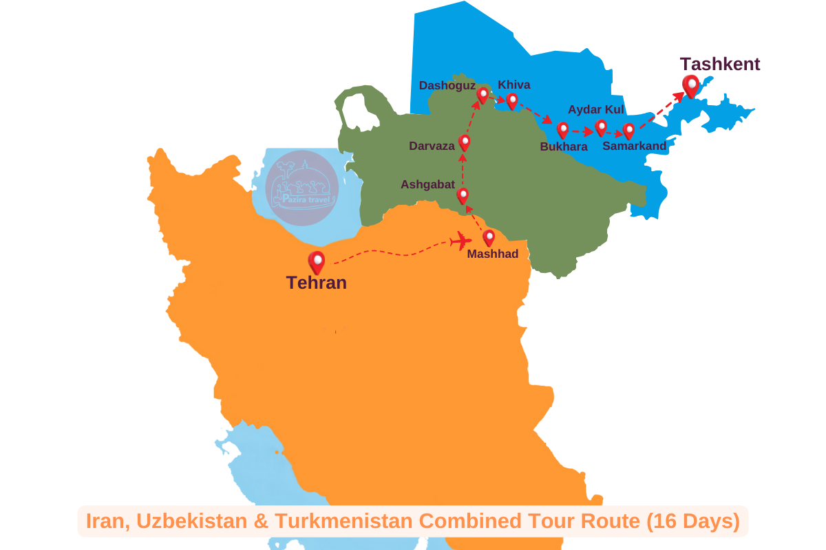 Iran, Turkmenistan & Uzbekistan combined tour route map (16 days)