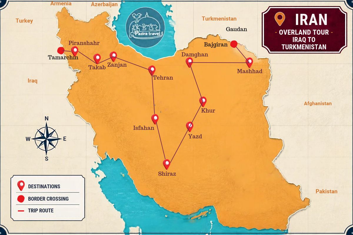 Map of Iraq to Iran, then onto Turkmenistan: A Border-to-Border Tour (16 days in Iran)