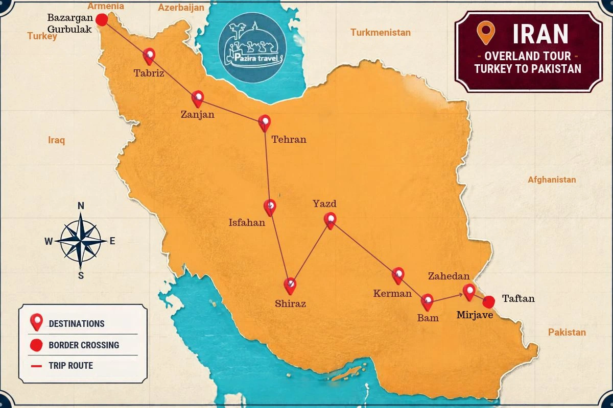 Map of Turkey to Iran, then onto Pakistan: A Border-to-Border Tour (16 days in Iran)
