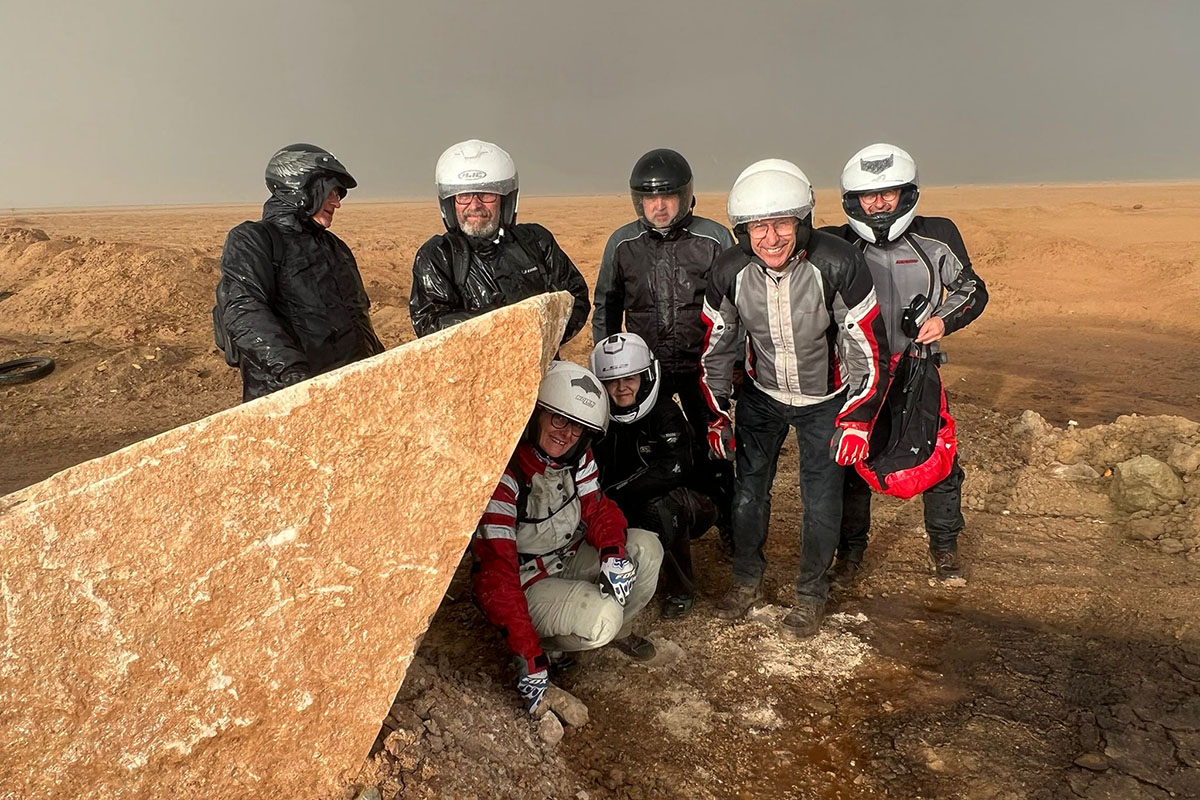 motorcycle riders in Iran Central Desert and Salt lake on Iran motorcycle tour.